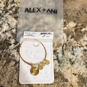 Alex and Ani Celestial Sun Medallion Gold Expandable Bracelet “F” initial
